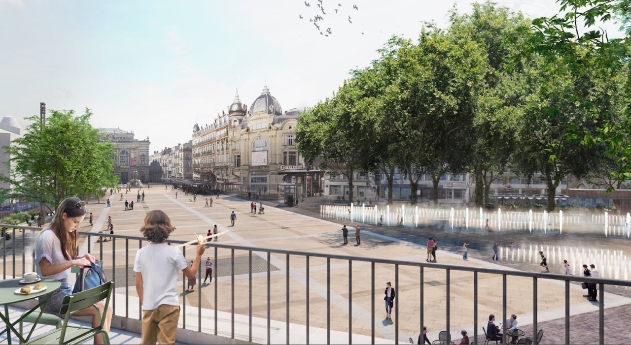 Visuel de transformation et végétalisation de la Place de la Comédie et de l'Esplanade Charles de Gaulle