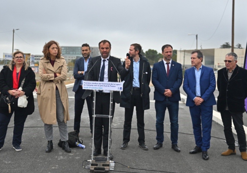 Michaël Delafosse à l’occasion de la soudure du premier rail qui permettra de relier la ligne 1 de tramway à la Gare Sud-de-France